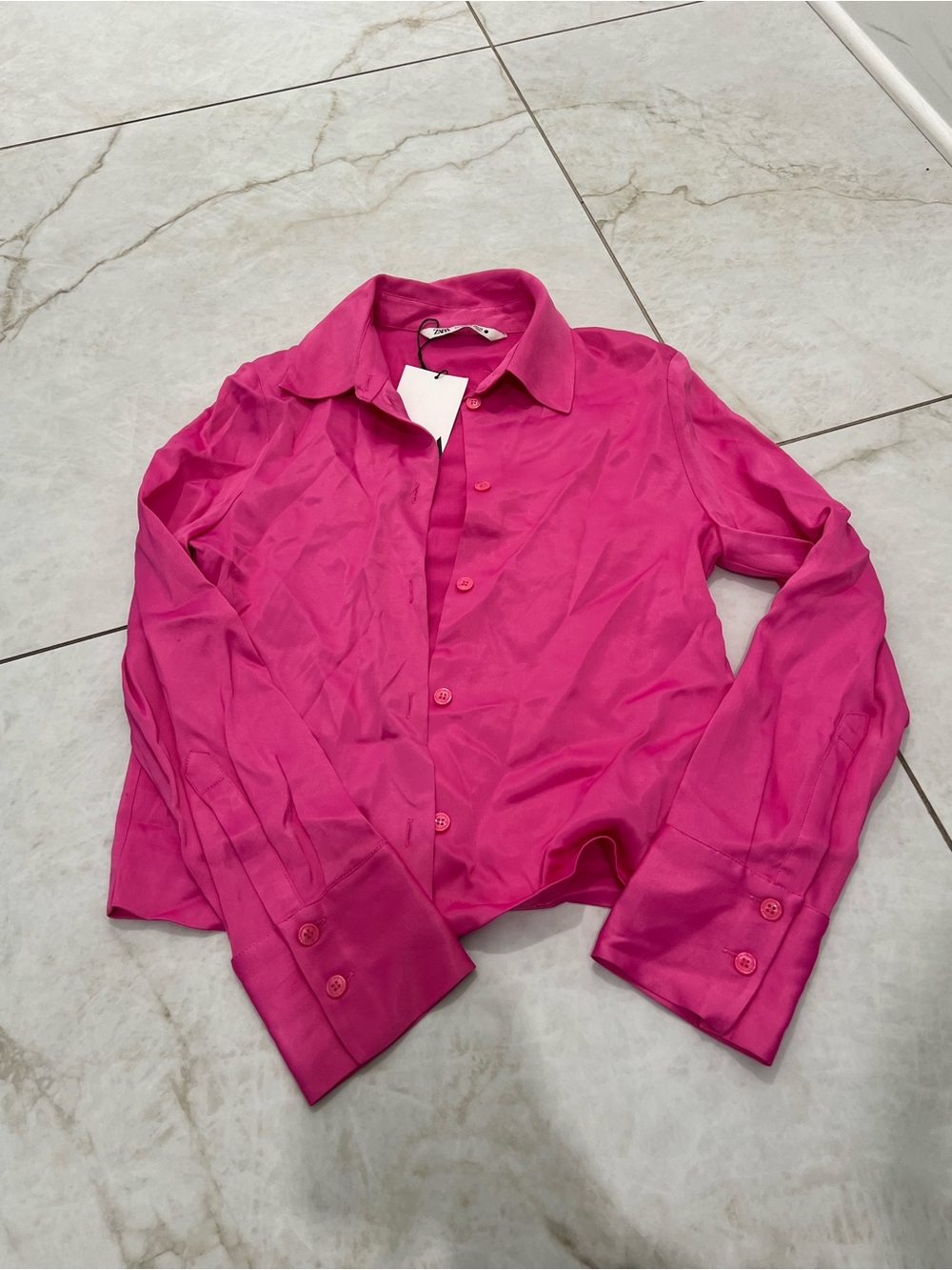 NWT Zara Hot Pink Satin Button-Up Shirt Size XS